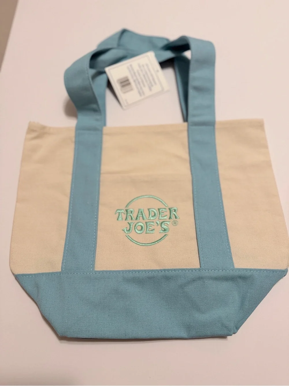 Trader Joe's Mini Pastel Canvas Tote Bag Light Blue Cream‎ Embroidered Logo NWT